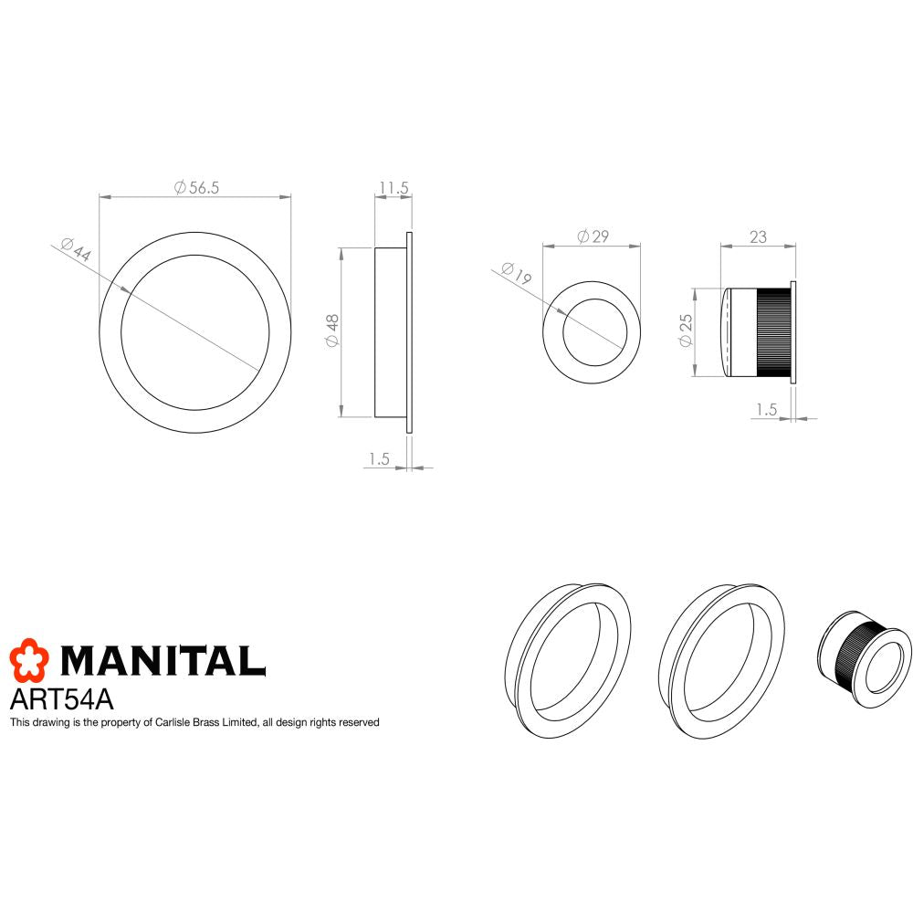 This image is a line drwaing of a Manital - Sliding Door Rose with Flush Pull - Polished Brass available to order from Trade Door Handles in Kendal