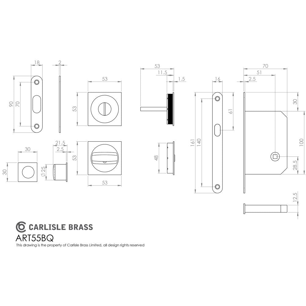 This image is a line drwaing of a Manital - Sliding Door Lock Set (Square) - Polished Brass available to order from Trade Door Handles in Kendal