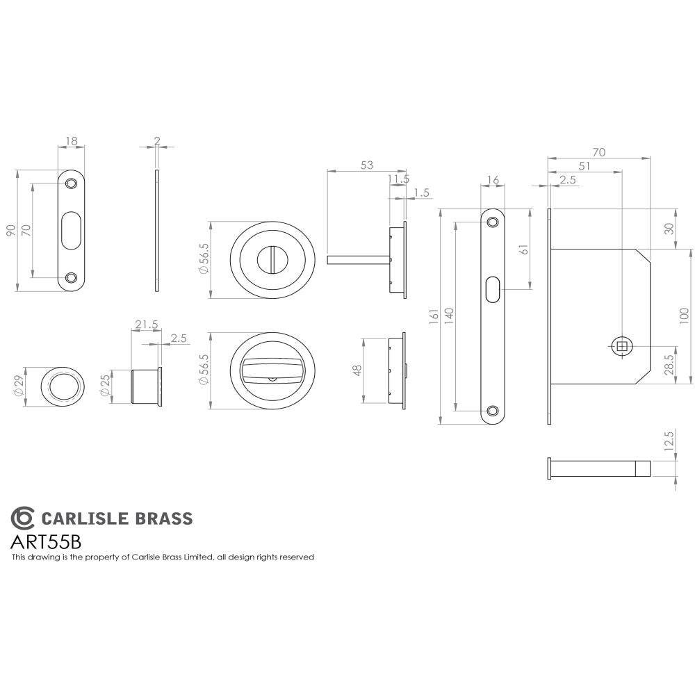 This image is a line drwaing of a Manital - Sliding Door Lock Set - Satin Brass available to order from Trade Door Handles in Kendal