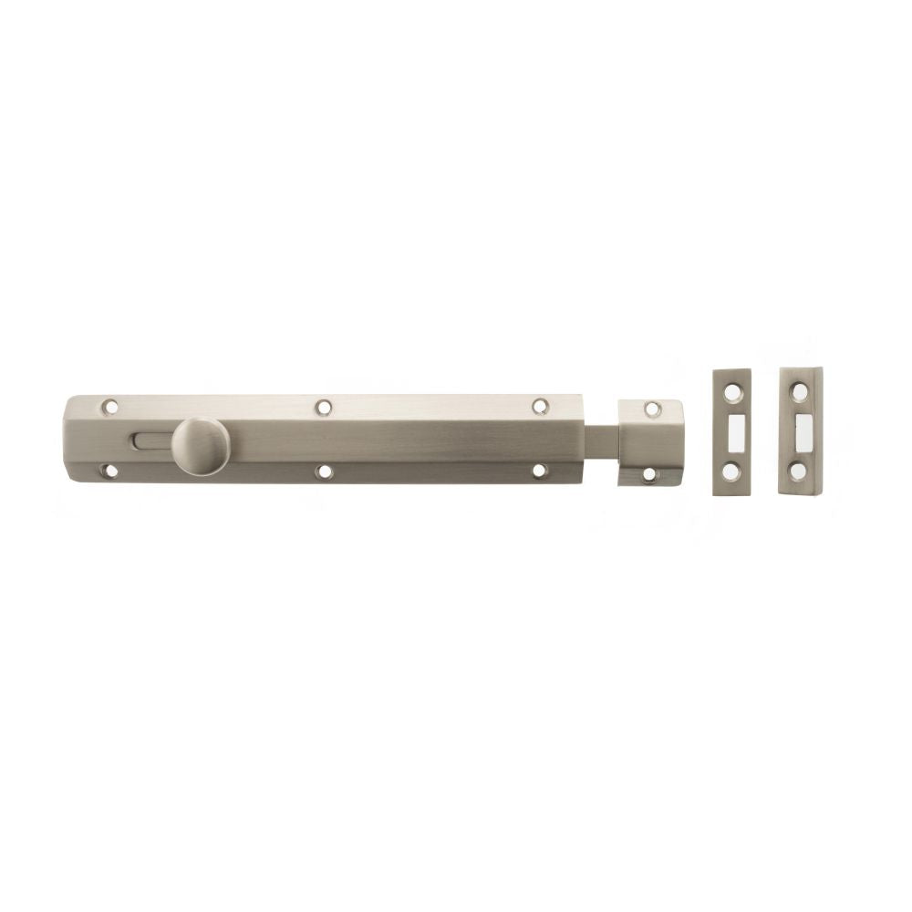 High quality image of Atlantic Solid Brass Surface Door Bolt 8" - Sat. Nickel | Sku. asb8sn available to order from Trade Door Handles in Kendal.