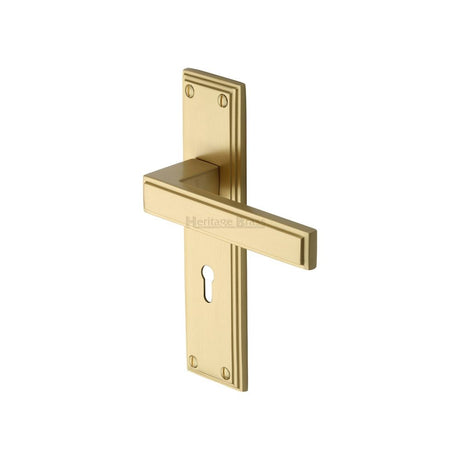 This is an image of a Heritage Brass - Door Handle Lever Lock Atlantis Design Satin Brass Finish, atl5700-sb that is available to order from Trade Door Handles in Kendal.