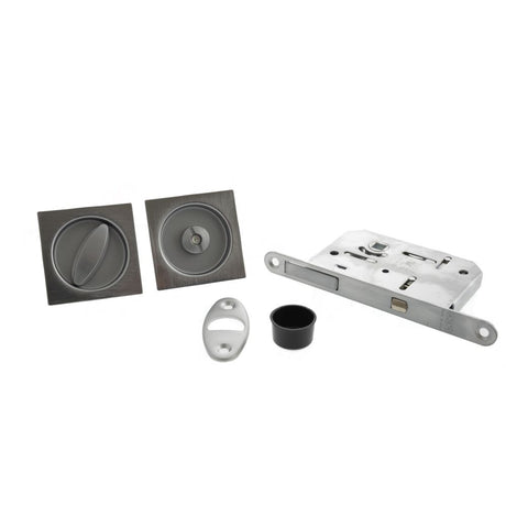 High quality image of AGB Sliding Door Bathroom Lock Set with Square Flush Handle - Satin Chrome | Sku. b046515034 | available to order from Trade Door Handles in Kendal.