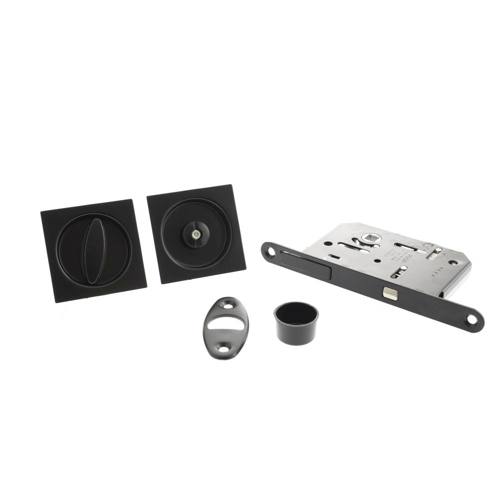 High quality image of AGB Sliding Door Bathroom Lock Set with Square Flush Handle - Matt Black | Sku. b046515093 | available to order from Trade Door Handles in Kendal.