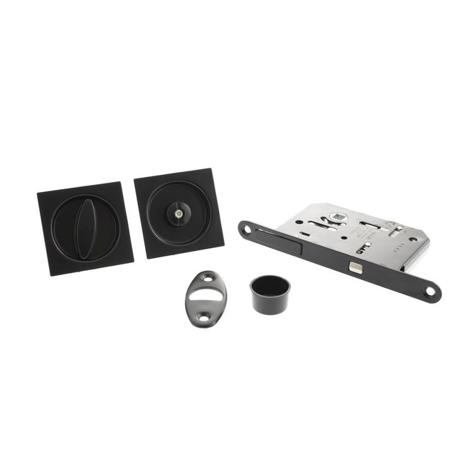 High quality image of AGB Sliding Door Bathroom Lock Set with Square Flush Handle - Matt Black | Sku. b046515093 | available to order from Trade Door Handles in Kendal.