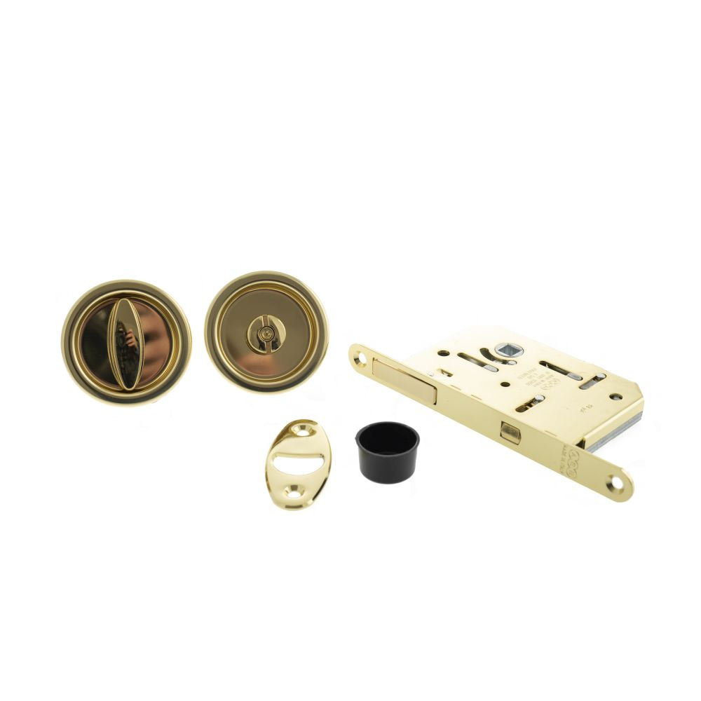 High quality image of AGB Sliding Door Bathroom Lock Set with Round Flush Handle - Polished Brass | Sku. b046815003 | available to order from Trade Door Handles in Kendal.