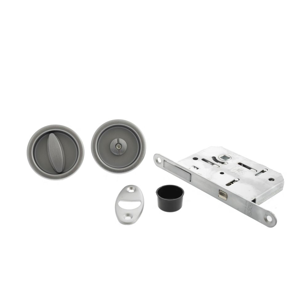 High quality image of AGB Sliding Door Bathroom Lock Set with Round Flush Handle - Satin Chrome | Sku. b046815034 | available to order from Trade Door Handles in Kendal.