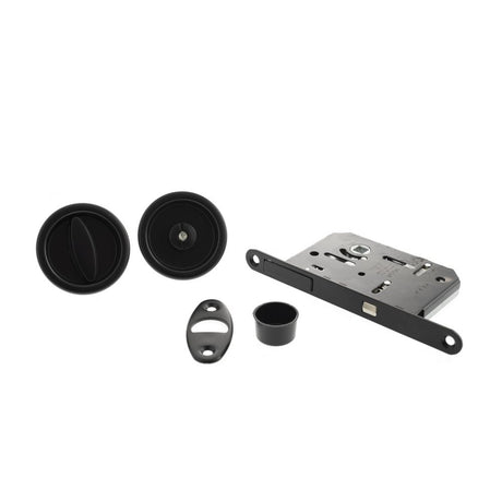 High quality image of AGB Sliding Door Bathroom Lock Set with Round Flush Handle - Matt Black | Sku. b046815093 | available to order from Trade Door Handles in Kendal.