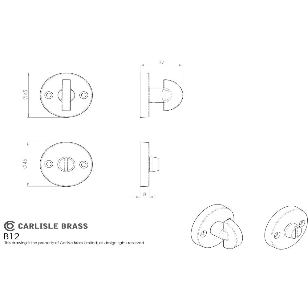 This image is a line drwaing of a Carlisle Brass - Plain Turn and Release - Satin Chrome available to order from Trade Door Handles in Kendal