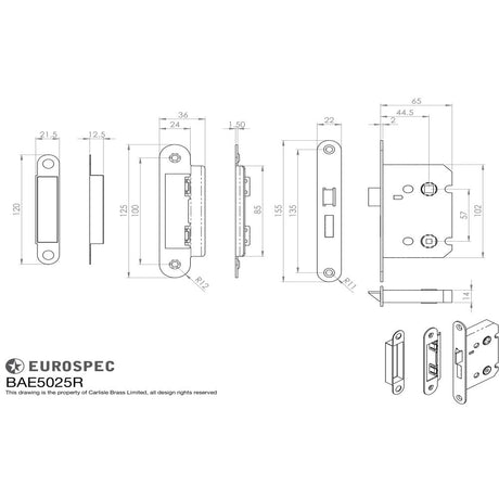 This image is a line drwaing of a Eurospec - Easi-T Residential Bathroom Lock 65mm Radius - Satin Nickel available to order from Trade Door Handles in Kendal