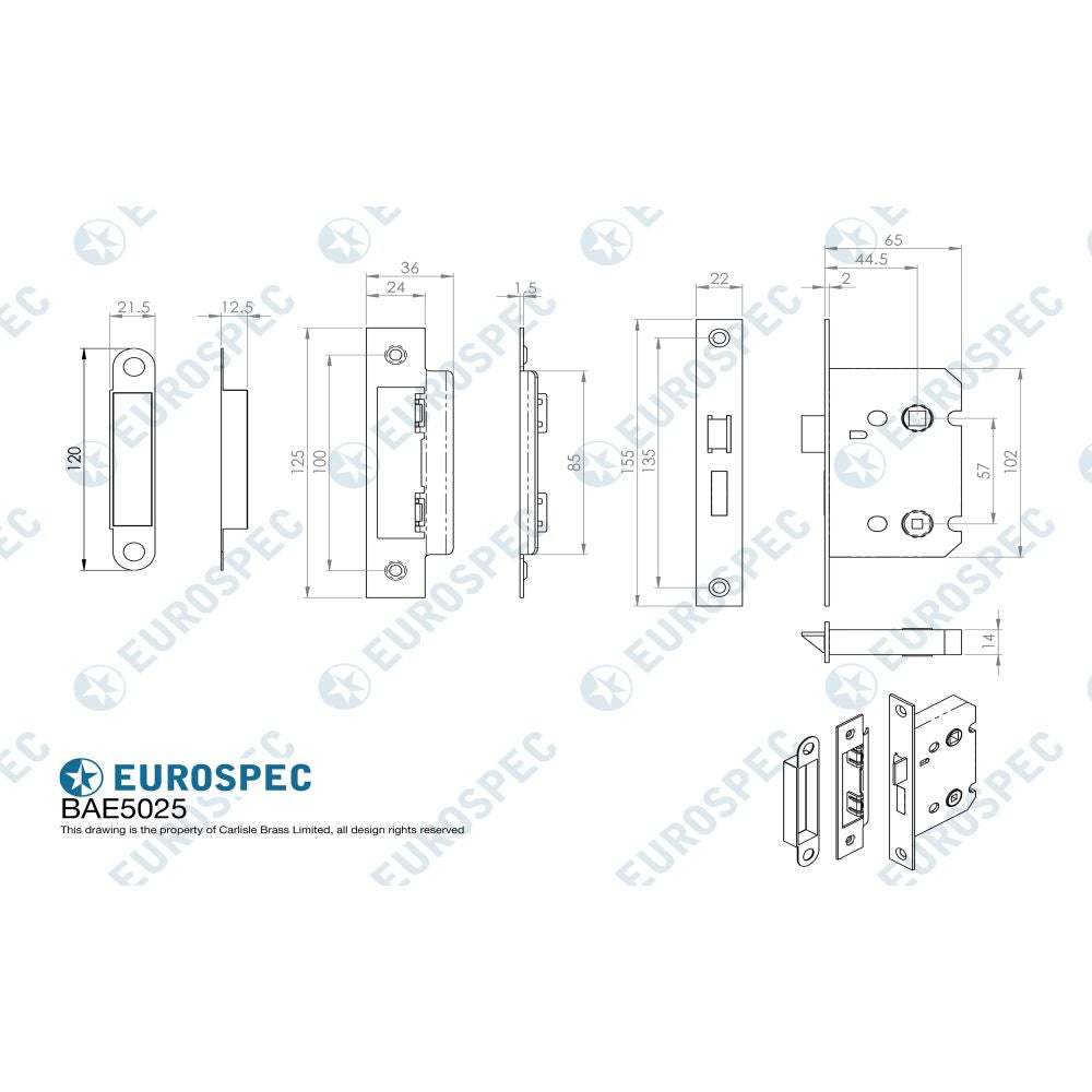 This image is a line drwaing of a Eurospec - Easi-T Residential Bathroom Lock 65mm - Electro Brassed available to order from Trade Door Handles in Kendal