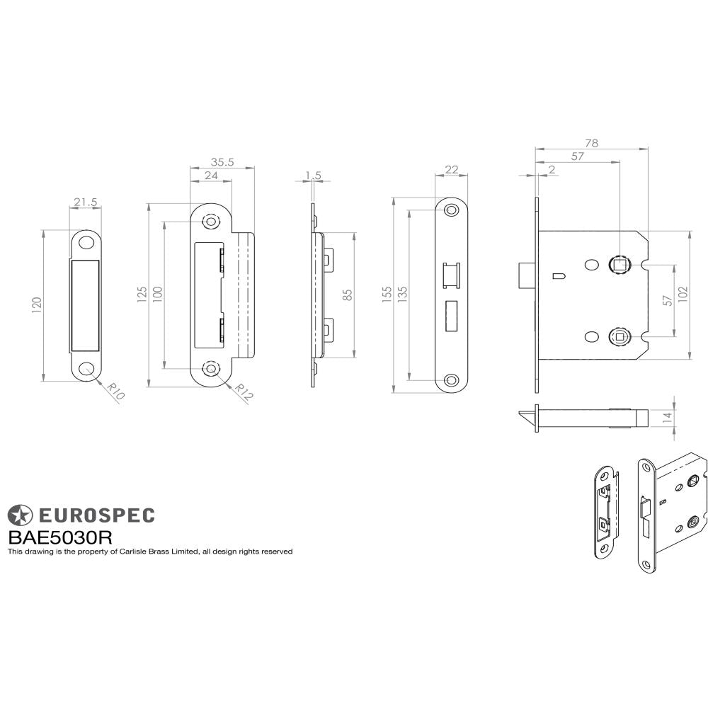 This image is a line drwaing of a Eurospec - Easi-T Residential Bathroom Lock 78mm Radius - Satin Nickel available to order from Trade Door Handles in Kendal