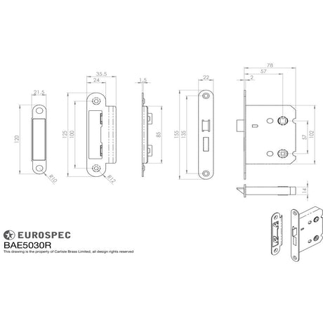 This image is a line drwaing of a Eurospec - Easi-T Residential Bathroom Lock 78mm - Matt Black available to order from Trade Door Handles in Kendal