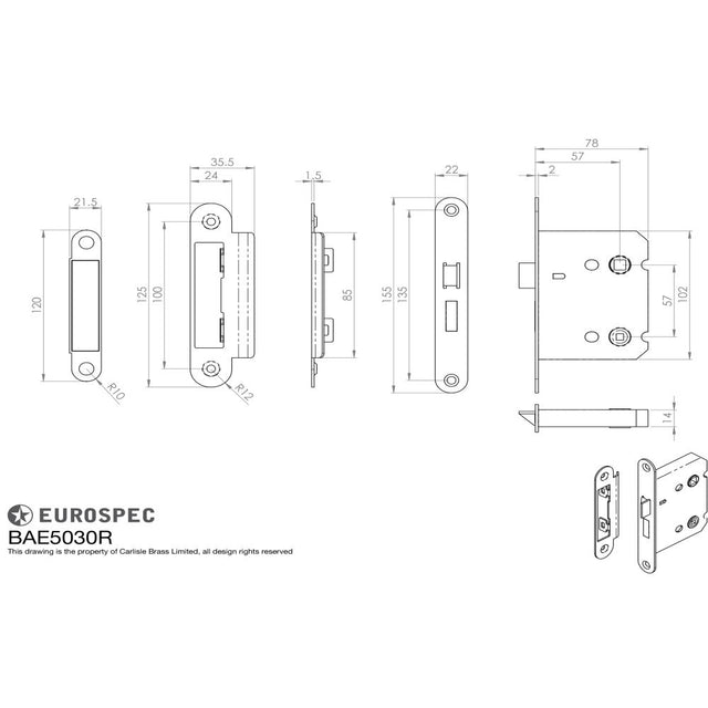 This image is a line drwaing of a Eurospec - Easi-T Residential Bathroom Lock 78mm Radius - Electro Brassed available to order from Trade Door Handles in Kendal