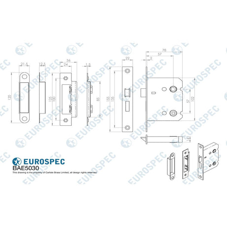 This image is a line drwaing of a Eurospec - Easi-T Residential Bathroom Lock 78mm - Electro Brassed available to order from Trade Door Handles in Kendal