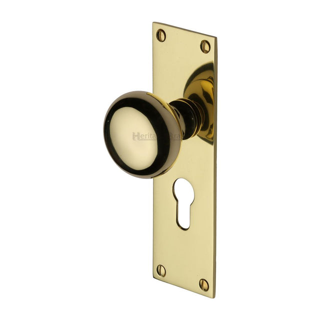 This is an image of a Heritage Brass - Mortice Knob on Euro Profile Plate Balmoral Design Polished Brass F, bal8548-pb that is available to order from Trade Door Handles in Kendal.