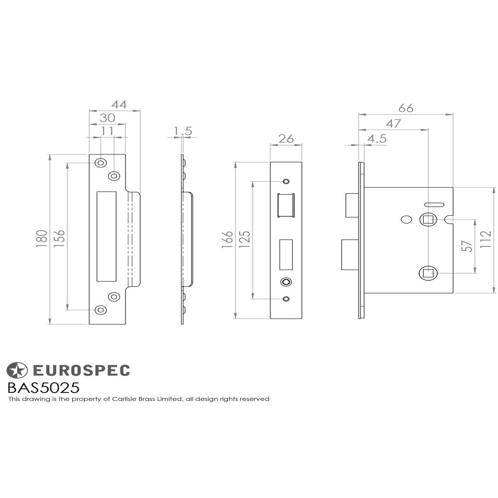 This image is a line drwaing of a Eurospec - Bathroom Lock 64mm - Satin Stainless Steel available to order from Trade Door Handles in Kendal