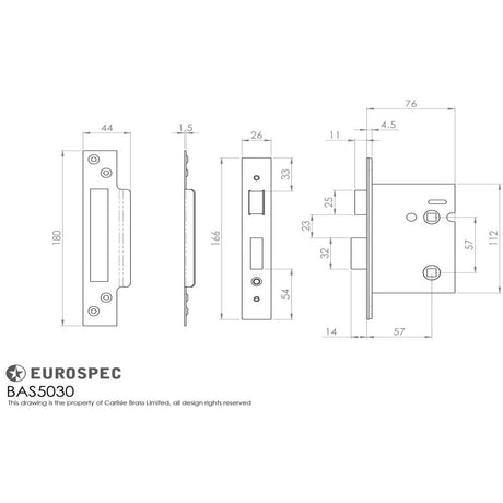 This image is a line drwaing of a Eurospec - Bathroom Lock 76mm - Satin Stainless Steel available to order from Trade Door Handles in Kendal