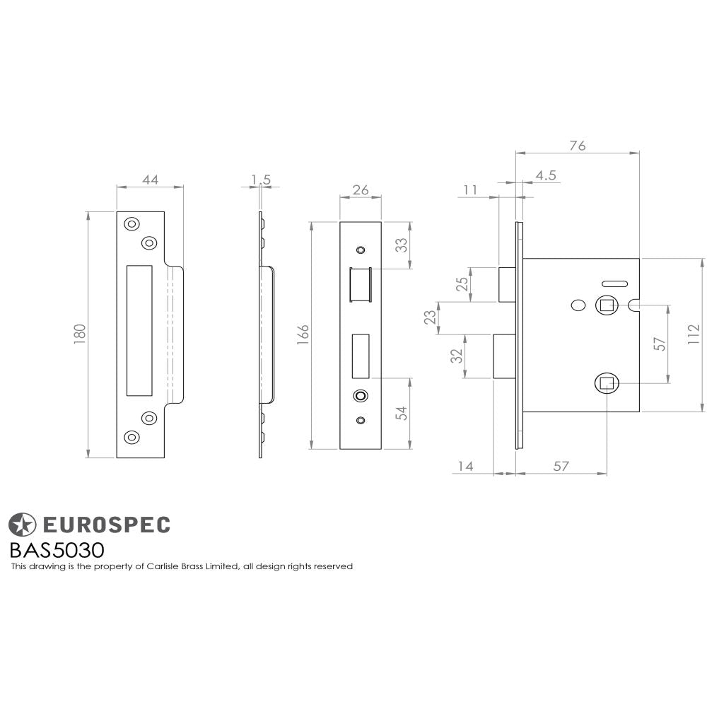 This image is a line drwaing of a Eurospec - Bathroom Lock 76mm - Stainless Brass available to order from Trade Door Handles in Kendal