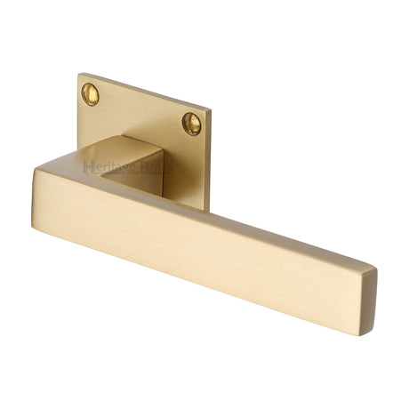 This is an image of a Heritage Brass - Door Handle Lever Latch on Square Rose Delta BH Design Satin Brass finish, bau1928-sb that is available to order from Trade Door Handles in Kendal.