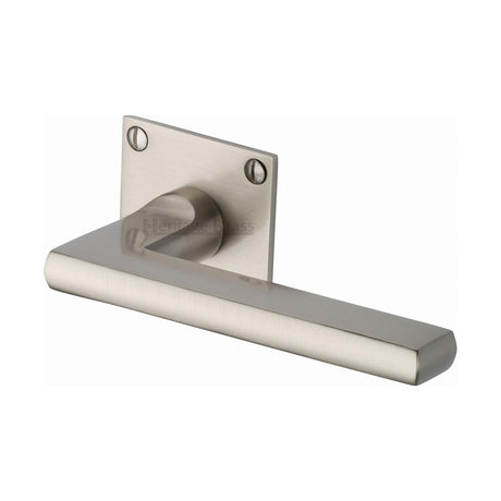 This is an image of a Heritage Brass - Door Handle Lever Latch on Square Rose Trident Design Satin Nickel finish, bau2910-sn that is available to order from Trade Door Handles in Kendal.