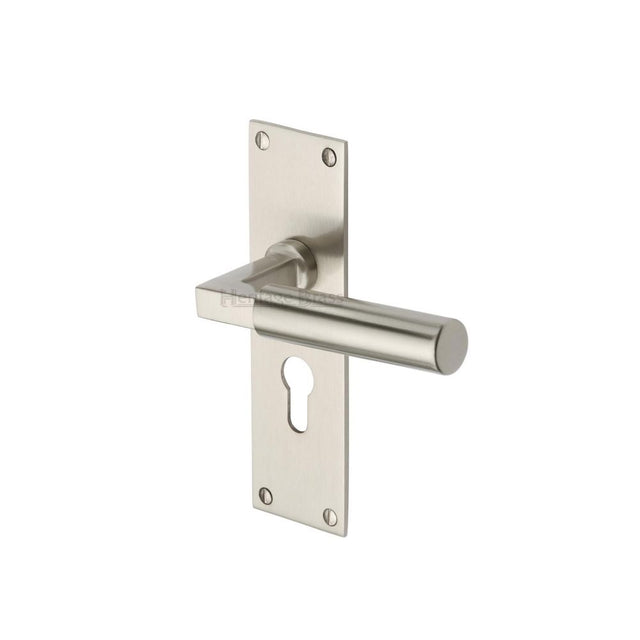 This is an image of a Heritage Brass - Door Handle for Euro Profile Plate Bauhaus Design Satin Nickel F, bau7348-sn that is available to order from Trade Door Handles in Kendal.