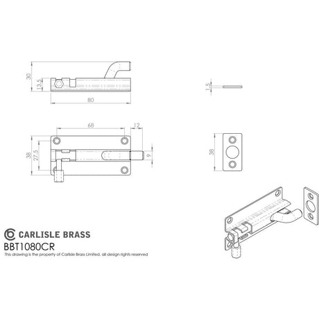 This image is a line drwaing of a Eurospec - Cranked Barrel Bolt - Bright Stainless Steel available to order from Trade Door Handles in Kendal