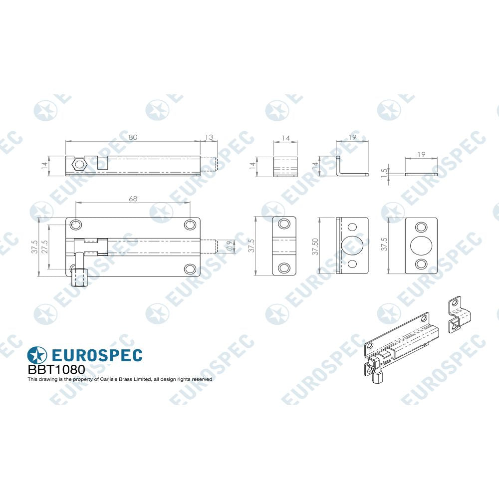 This image is a line drwaing of a Eurospec - Straight Barrel Bolt - Bright Stainless Steel available to order from Trade Door Handles in Kendal