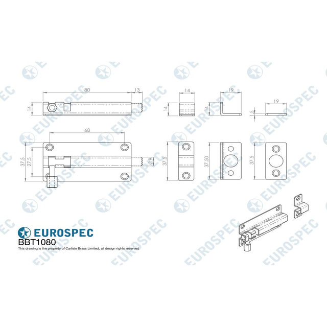 This image is a line drwaing of a Eurospec - Straight Barrel Bolt - Bright Stainless Steel available to order from Trade Door Handles in Kendal