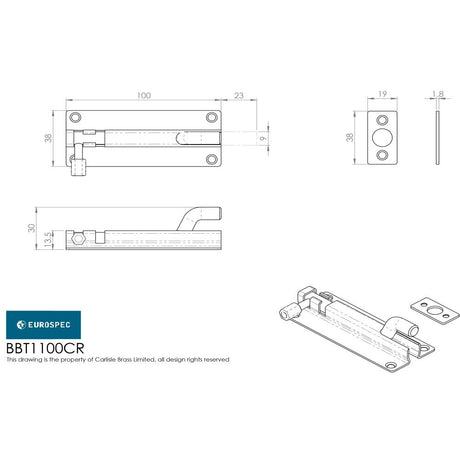 This image is a line drwaing of a Eurospec - Cranked Barrel Bolt - Bright Stainless Steel available to order from Trade Door Handles in Kendal