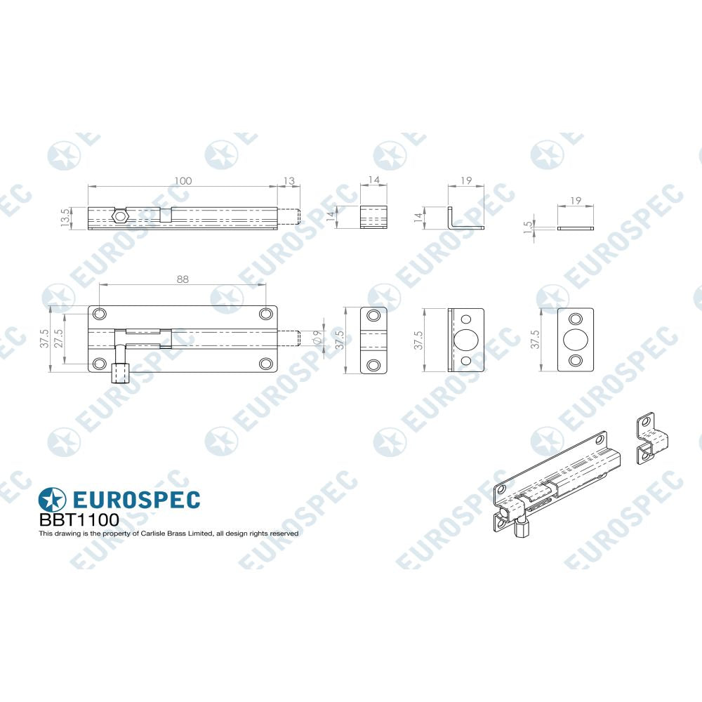 This image is a line drwaing of a Eurospec - Straight Barrel Bolt - Satin Stainless Steel available to order from Trade Door Handles in Kendal