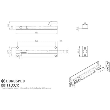 This image is a line drwaing of a Eurospec - Cranked Barrel Bolt - Satin Stainless Steel available to order from Trade Door Handles in Kendal