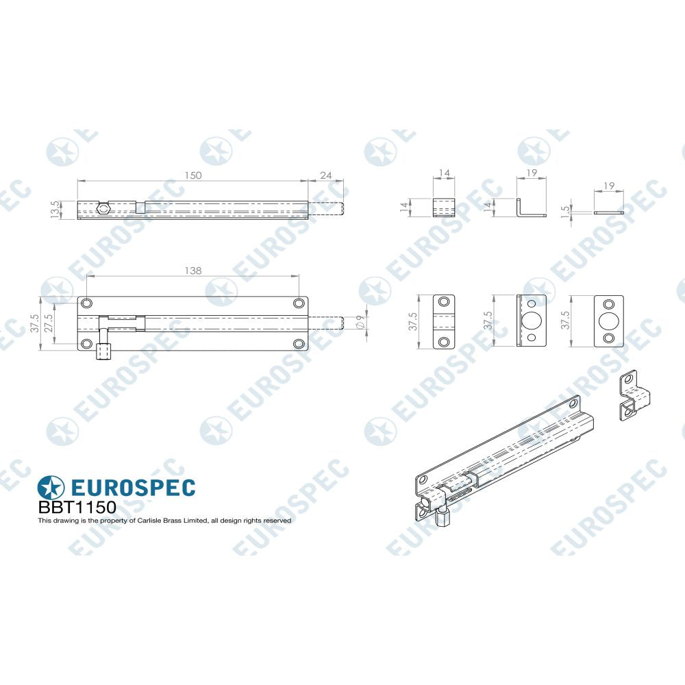 This image is a line drwaing of a Eurospec - Straight Barrel Bolt - Satin Stainless Steel available to order from Trade Door Handles in Kendal