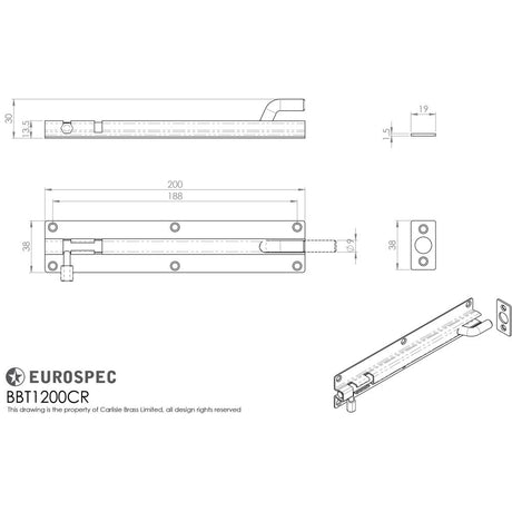 This image is a line drwaing of a Eurospec - Cranked Barrel Bolt - Satin Stainless Steel available to order from Trade Door Handles in Kendal