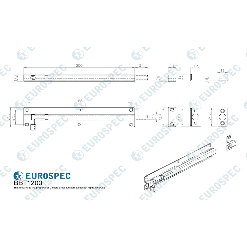 This image is a line drwaing of a Eurospec - Straight Barrel Bolt - Satin Stainless Steel available to order from Trade Door Handles in Kendal