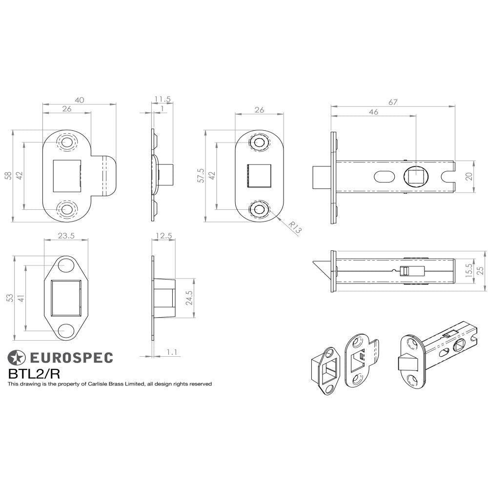 This image is a line drwaing of a Eurospec - Bolt Through Tubular Latch Radius - Nickel Plate available to order from Trade Door Handles in Kendal