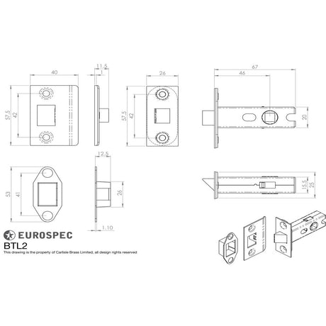 This image is a line drwaing of a Eurospec - Bolt Through Tubular Latch Square - Nickel Plate available to order from Trade Door Handles in Kendal