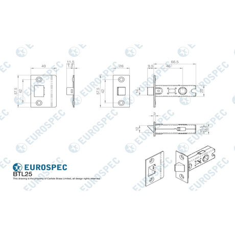 This image is a line drwaing of a Eurospec - 64Mm Ce B/T Tubular Mortice Latch Square - Satin Nickel available to order from Trade Door Handles in Kendal