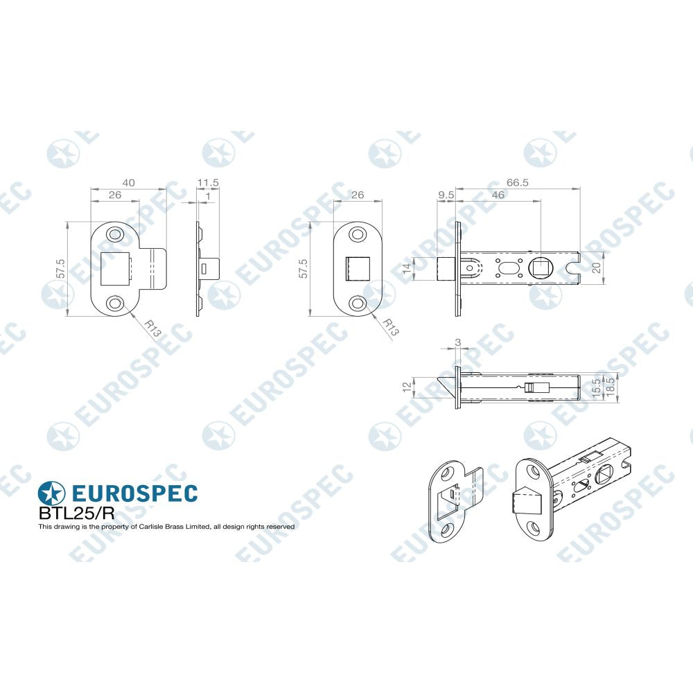 This image is a line drwaing of a Eurospec - 64mm Ce B/T Tubular Mortice Latch Radius - Matt Black available to order from Trade Door Handles in Kendal