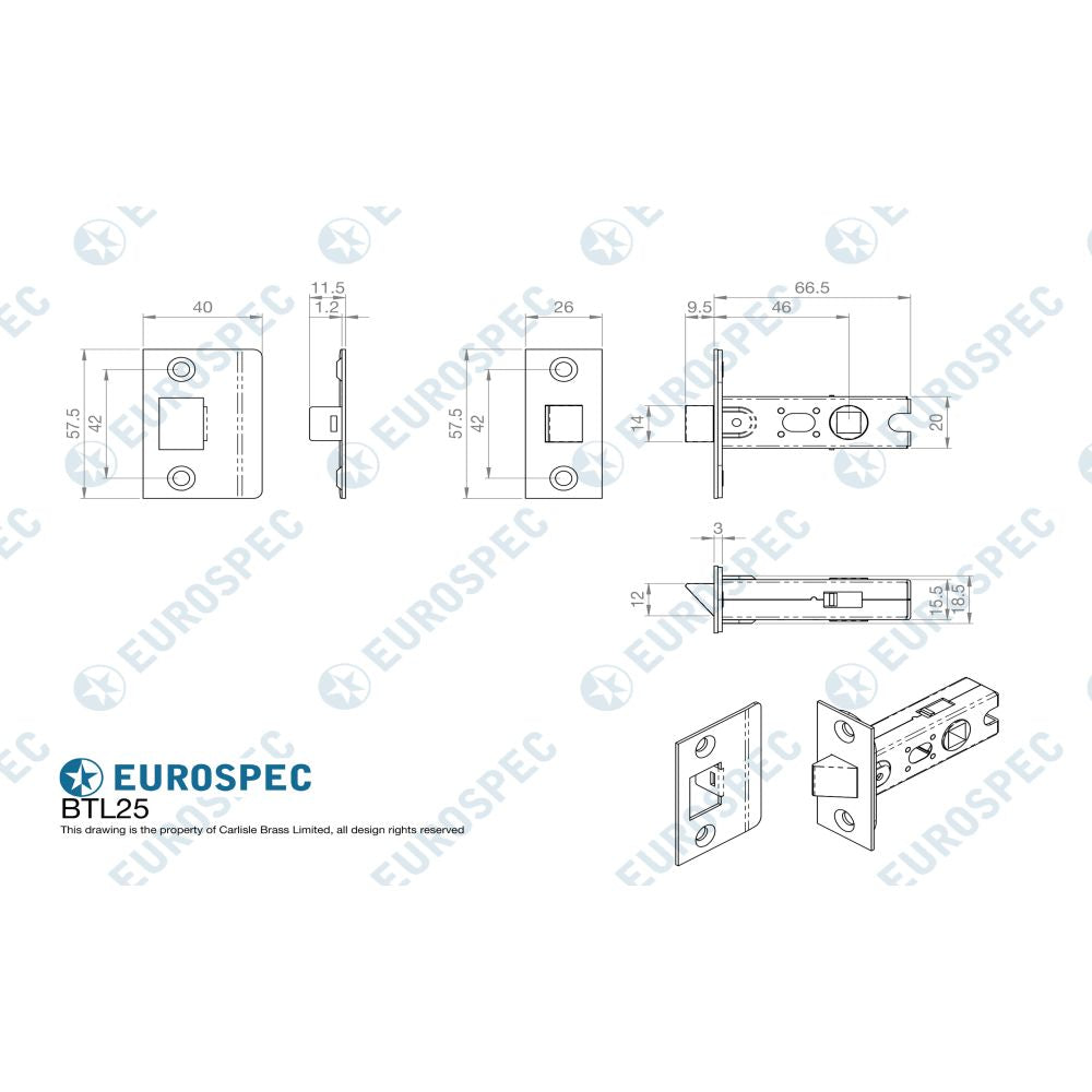 This image is a line drwaing of a Eurospec - 64Mm Ce B/T Tubular Mortice Latch Square - Satin Brass available to order from Trade Door Handles in Kendal