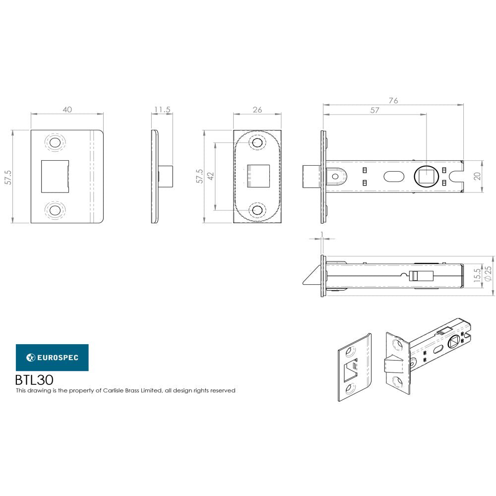 This image is a line drwaing of a Eurospec - 76Mm Ce B/T Tubular Mortice Latch Square - Satin Nickel available to order from Trade Door Handles in Kendal