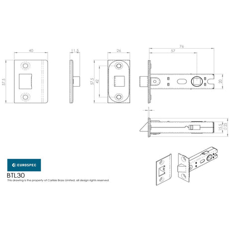 This image is a line drwaing of a Eurospec - 76Mm Ce B/T Tubular Mortice Latch Square - Satin Nickel available to order from Trade Door Handles in Kendal