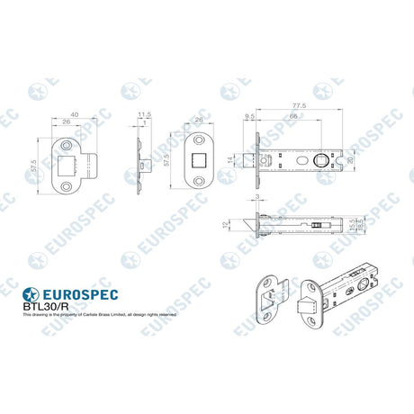 This image is a line drwaing of a Eurospec - 76mm Ce B/T Tubular Mortice Latch Radius - Matt Black available to order from Trade Door Handles in Kendal