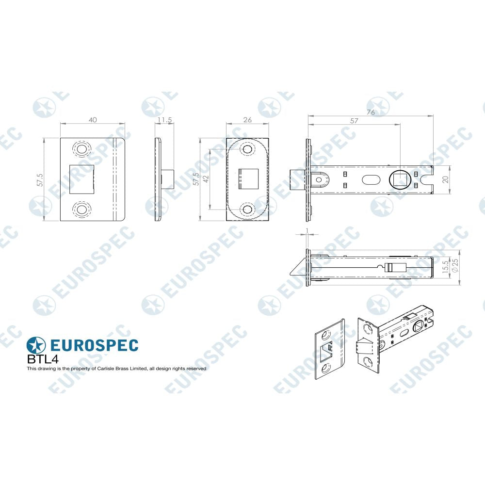 This image is a line drwaing of a Carlisle Brass - Square Tubular Latch Bolt Through 76mm - Nickel Plate available to order from Trade Door Handles in Kendal