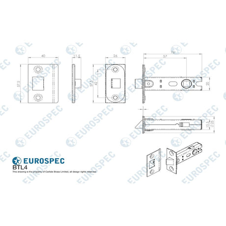 This image is a line drwaing of a Carlisle Brass - Square Tubular Latch Bolt Through 76mm - Nickel Plate available to order from Trade Door Handles in Kendal