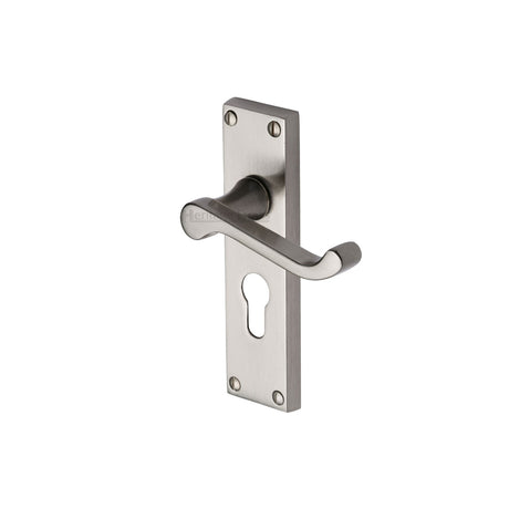 This is an image of a Heritage Brass - Door Handle for Euro Profile Plate Builders' Range Satin Nickel finish, bui448-sn that is available to order from Trade Door Handles in Kendal.