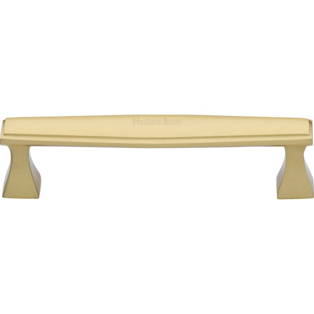 This is an image of a Heritage Brass - Cabinet Pull Deco Design 128mm CTC Satin Brass Finish, c0334-128-sb that is available to order from Trade Door Handles in Kendal.