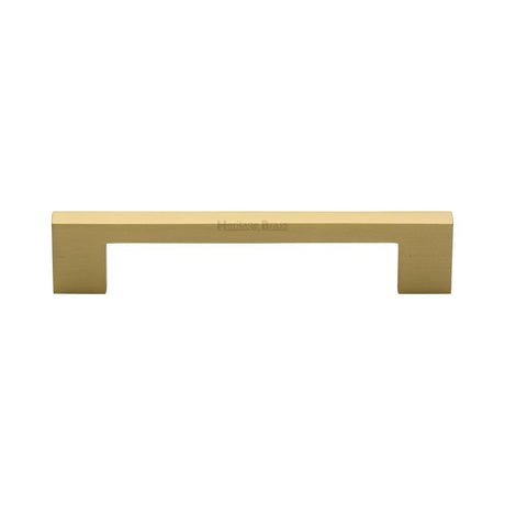 This is an image of a Heritage Brass - Cabinet Pull Metro Design 128mm CTC Satin Brass Finish, c0337-128-sb that is available to order from Trade Door Handles in Kendal.