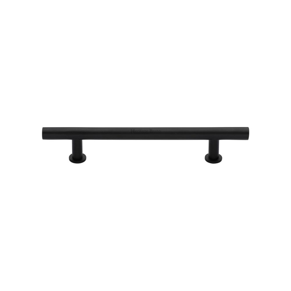 This is an image of a Heritage Brass - Cabinet Pull T-Bar Design with 16mm Rose 128mm CTC Matt Black F, c0362-128-bkmt that is available to order from Trade Door Handles in Kendal.