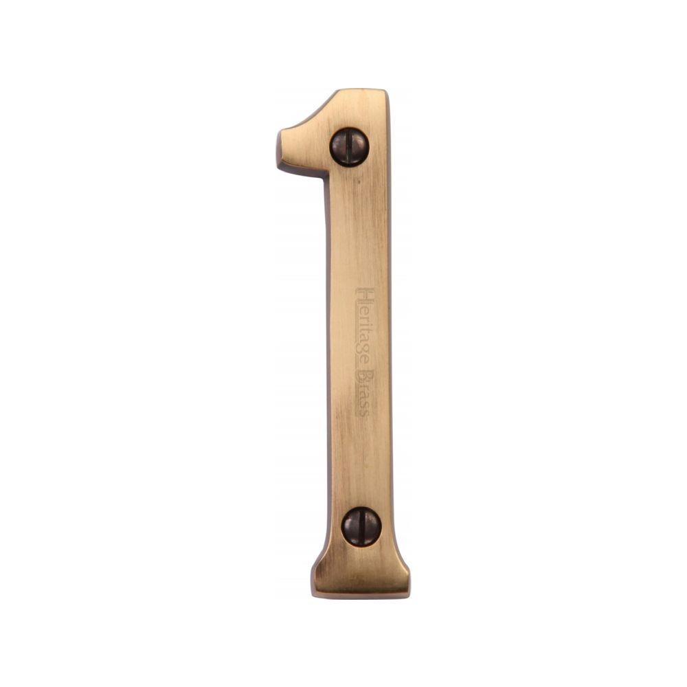 This is an image of a Heritage Brass - Numeral 1 Face Fix 76mm (3") Antique Brass Finish, c1560-1-at that is available to order from Trade Door Handles in Kendal.