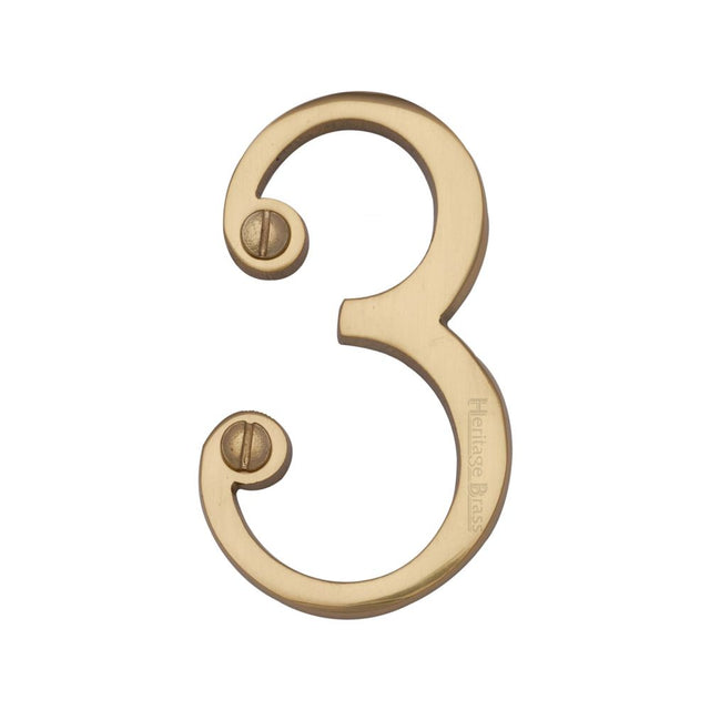 This is an image of a Heritage Brass - Numeral 3 Face Fix 76mm (3") Polished Brass Finish, c1560-3-pb that is available to order from Trade Door Handles in Kendal.